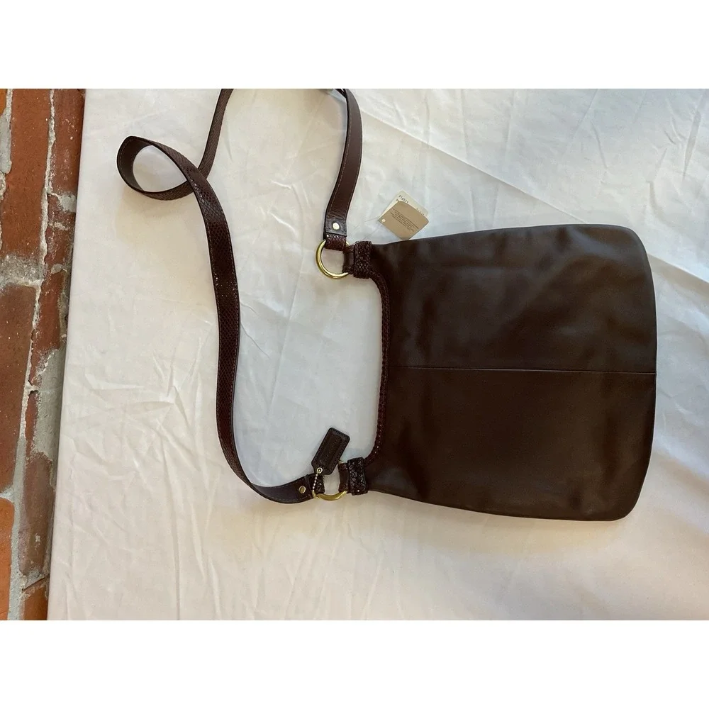 COACH Brown Leather Crossbody Bag Snake Embossed Trim Brass Hardware NWT $248